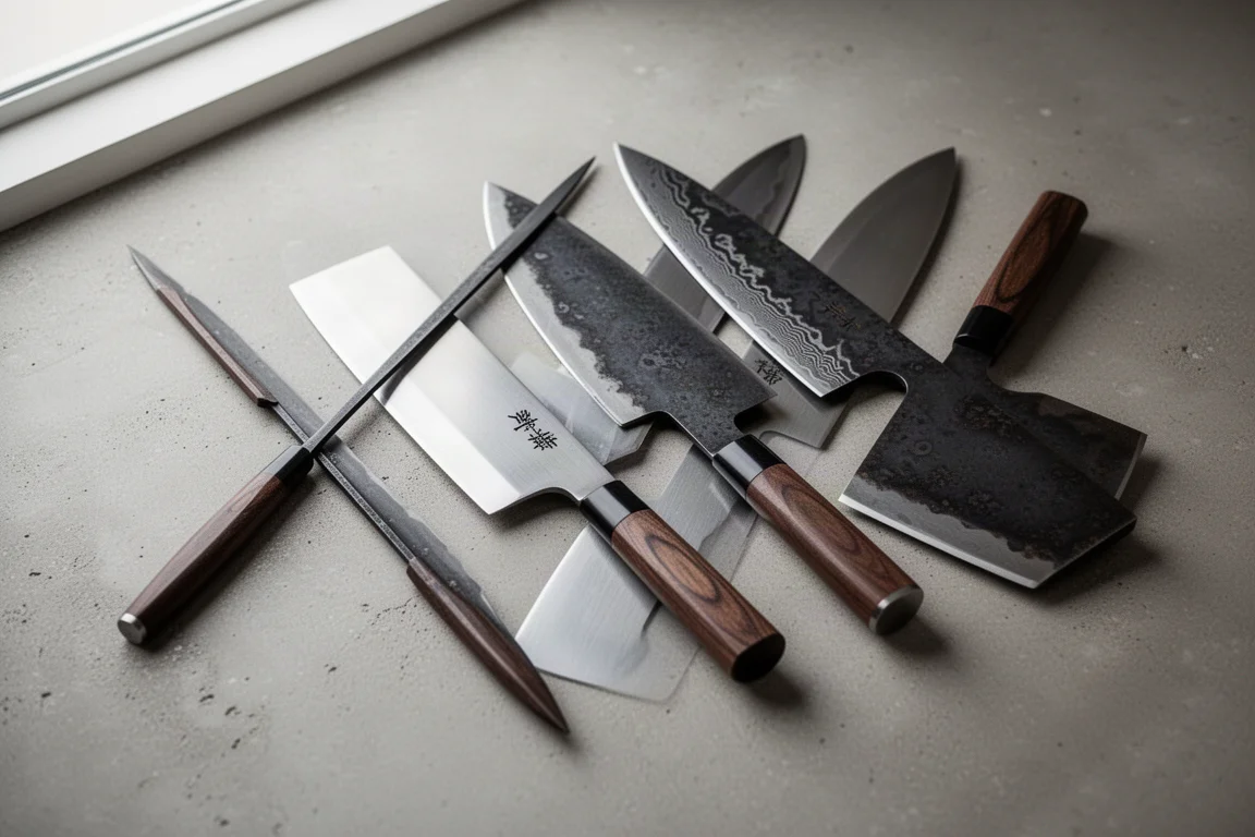 Assortment of Japanese kitchen knives including yanagiba, nakiri, gyuto and deba on concrete
