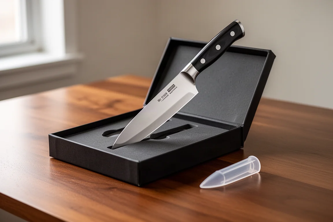 Disimballaggio di un coltello da cucina da una confezione regalo magnetica su un tavolo di legno
