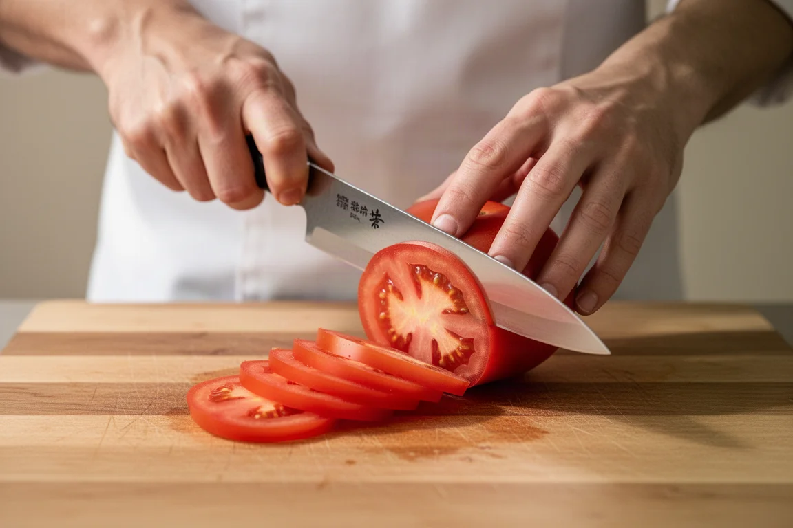 Un cuoco affetta un pomodoro maturo con un coltello giapponese sottile su un tagliere