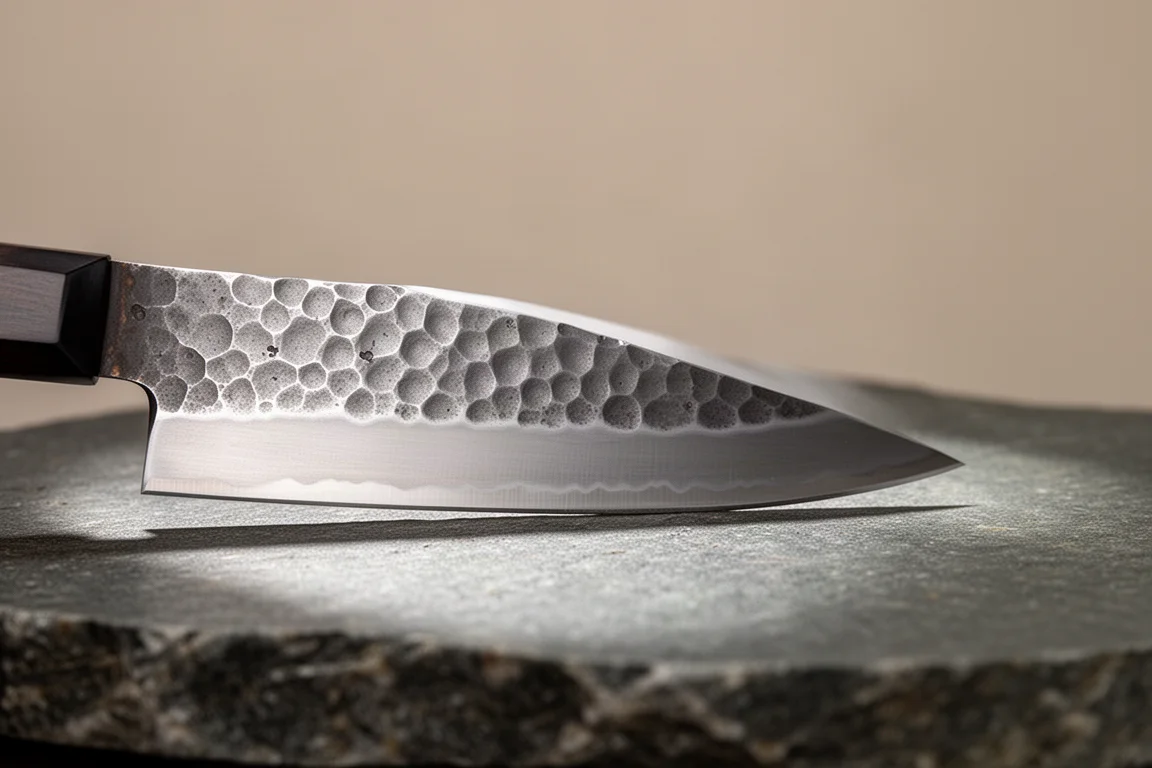 Lama martellata di un coltello giapponese che mostra il cono dal dorso alla punta