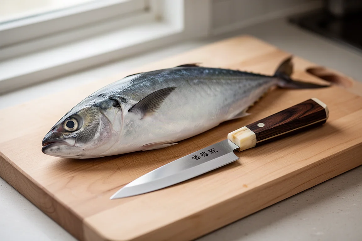 Frischer ganzer Fisch auf einem Holzbrett neben einem einschneidigen Deba-Messer