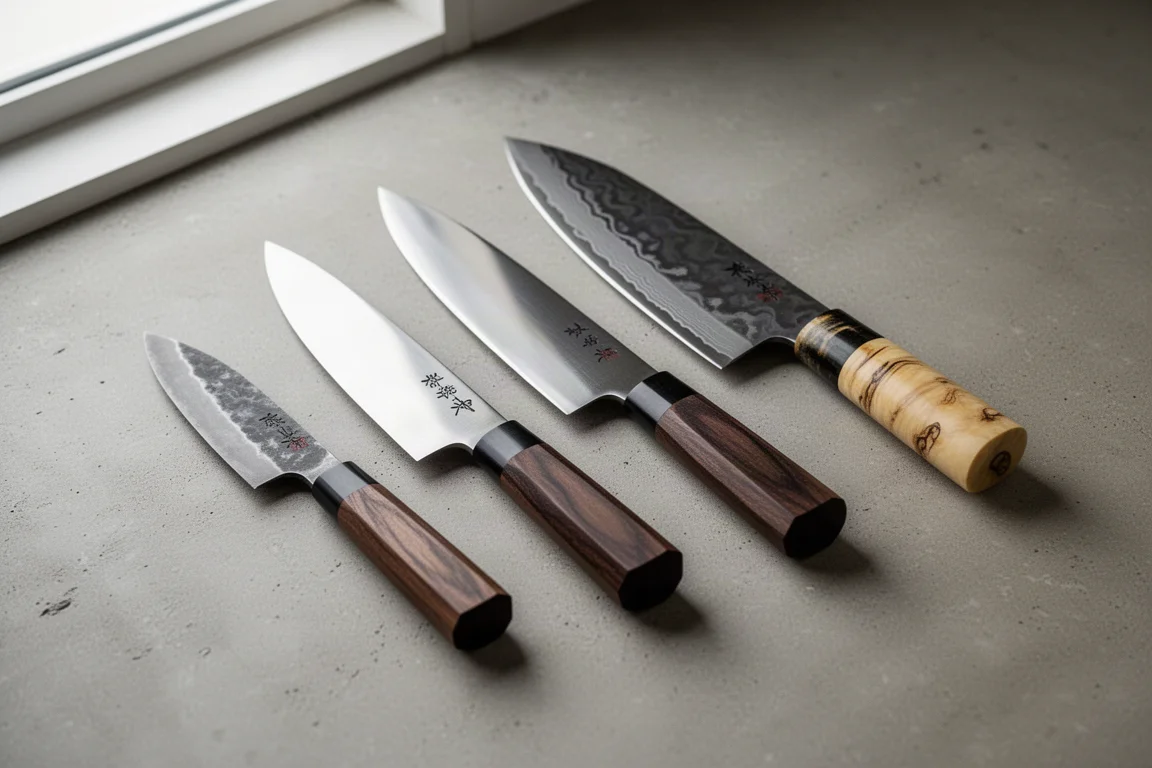 Four Japanese kitchen knives including a deba and three gyutos arranged on a concrete surface