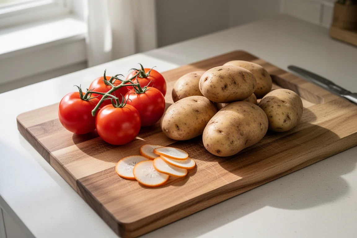 Fresh tomatoes and potatoes arranged on a cutting board in a kitchen