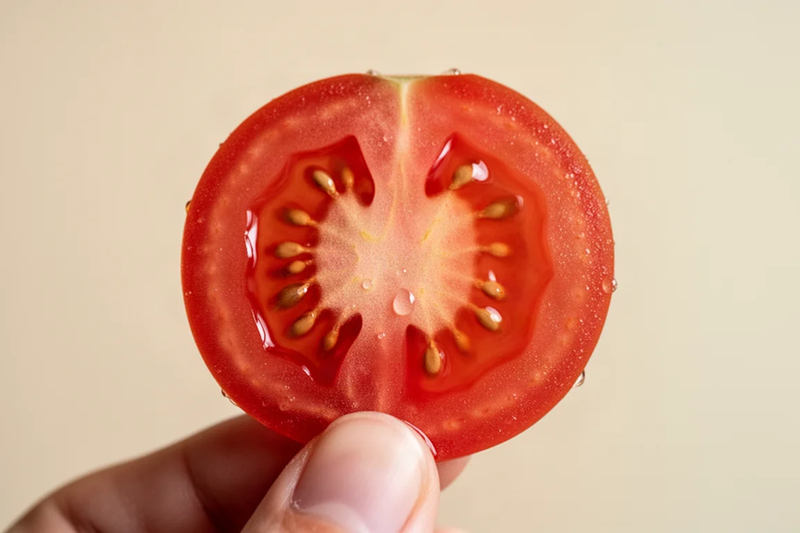 Thin tomato slice revealing a smooth glassy cut surface