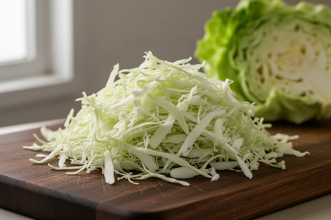 Stack of finely shaved cabbage slices on a cutting board