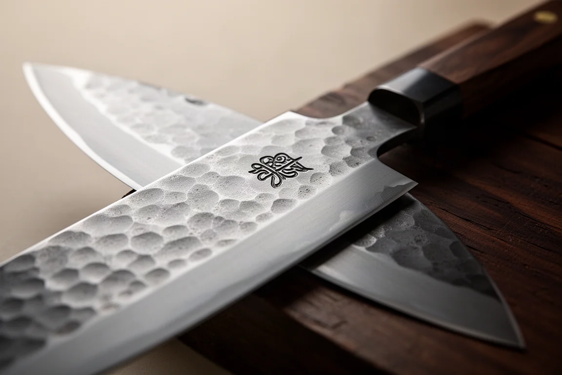 Hand-forged knife blade with hammered texture and etched signature