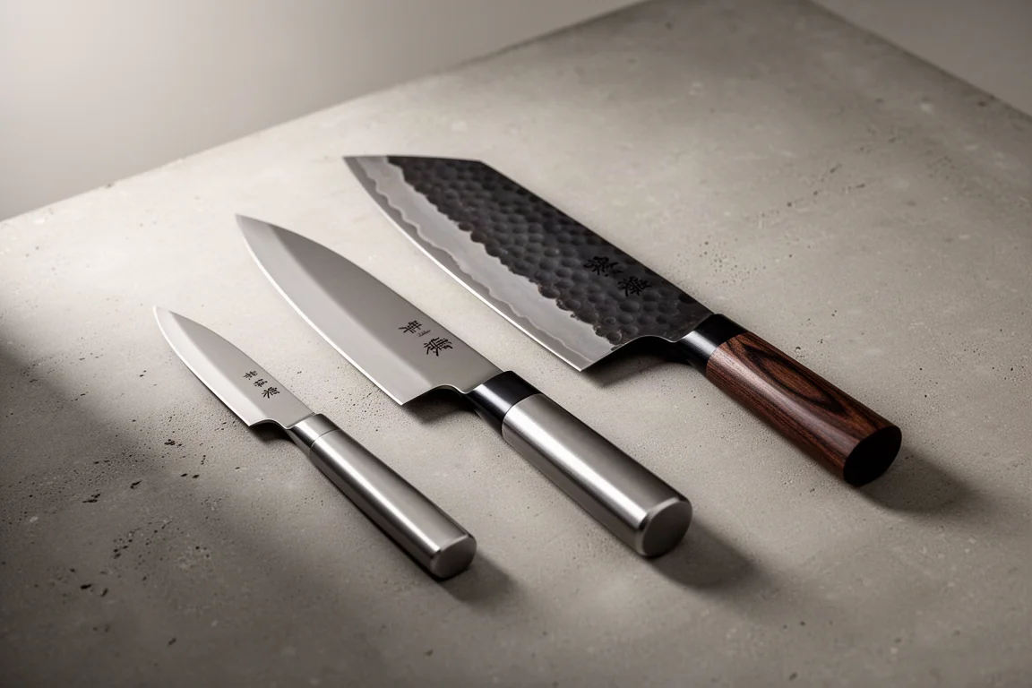 Three Japanese kitchen knives of increasing quality lined up on a concrete surface