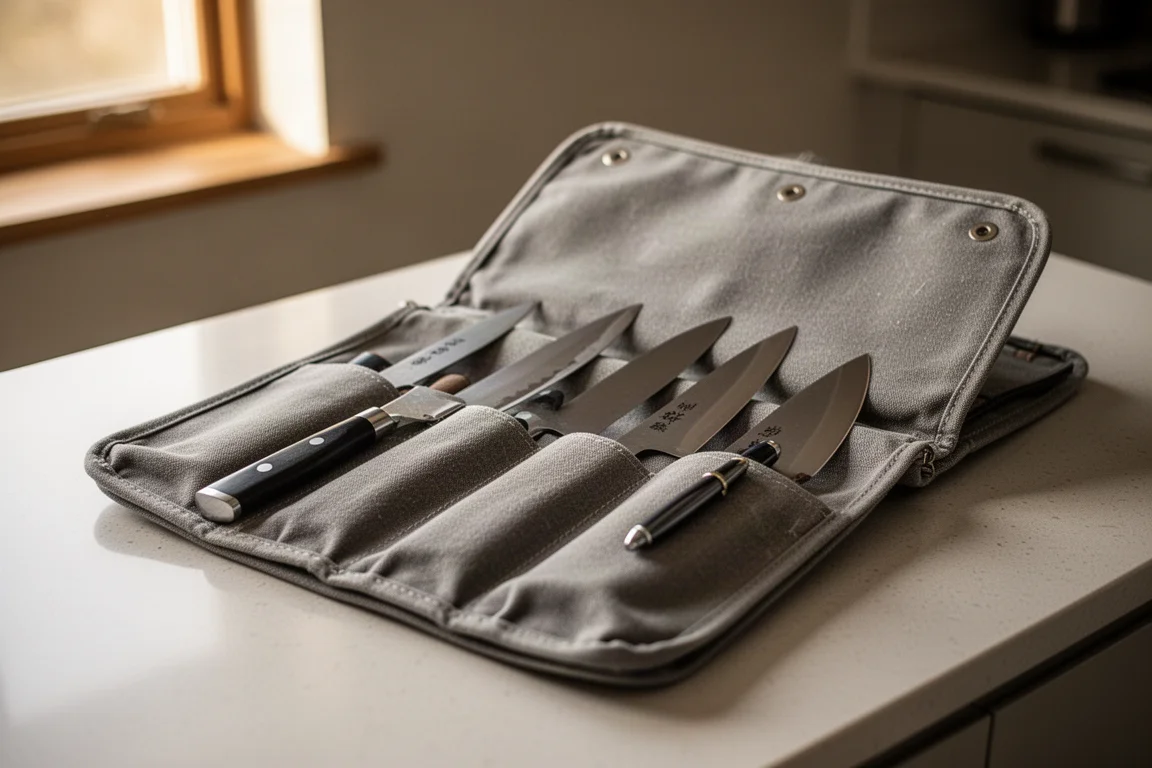 Lång japansk enkelhyvlad skärkniv som ligger på en träskärbräda