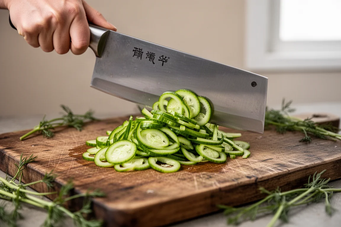 Liten pettykniv som skär grönsaker på ett köksbord i mjukt dagsljus