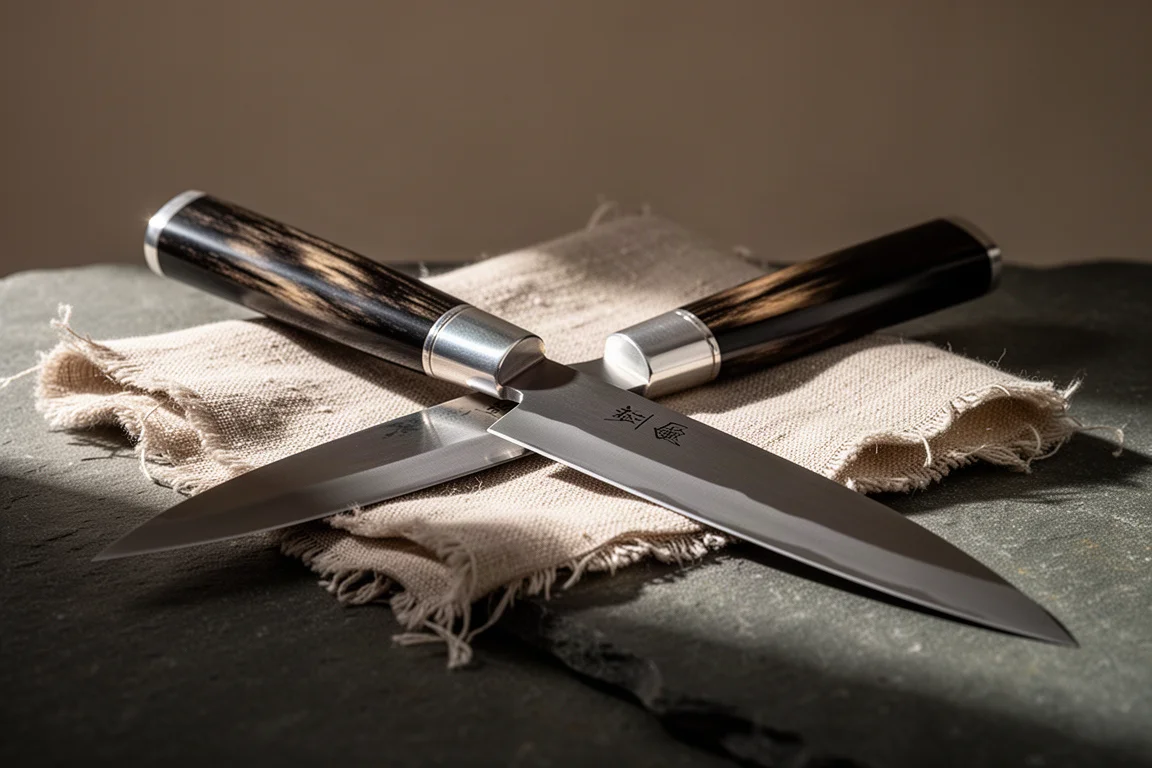 Tung kockkniv med västerländskt handtag på en magnetisk knivlist i ett hemmakök