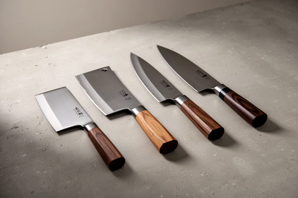 A collection of Japanese kitchen knives arranged on a walnut cutting board