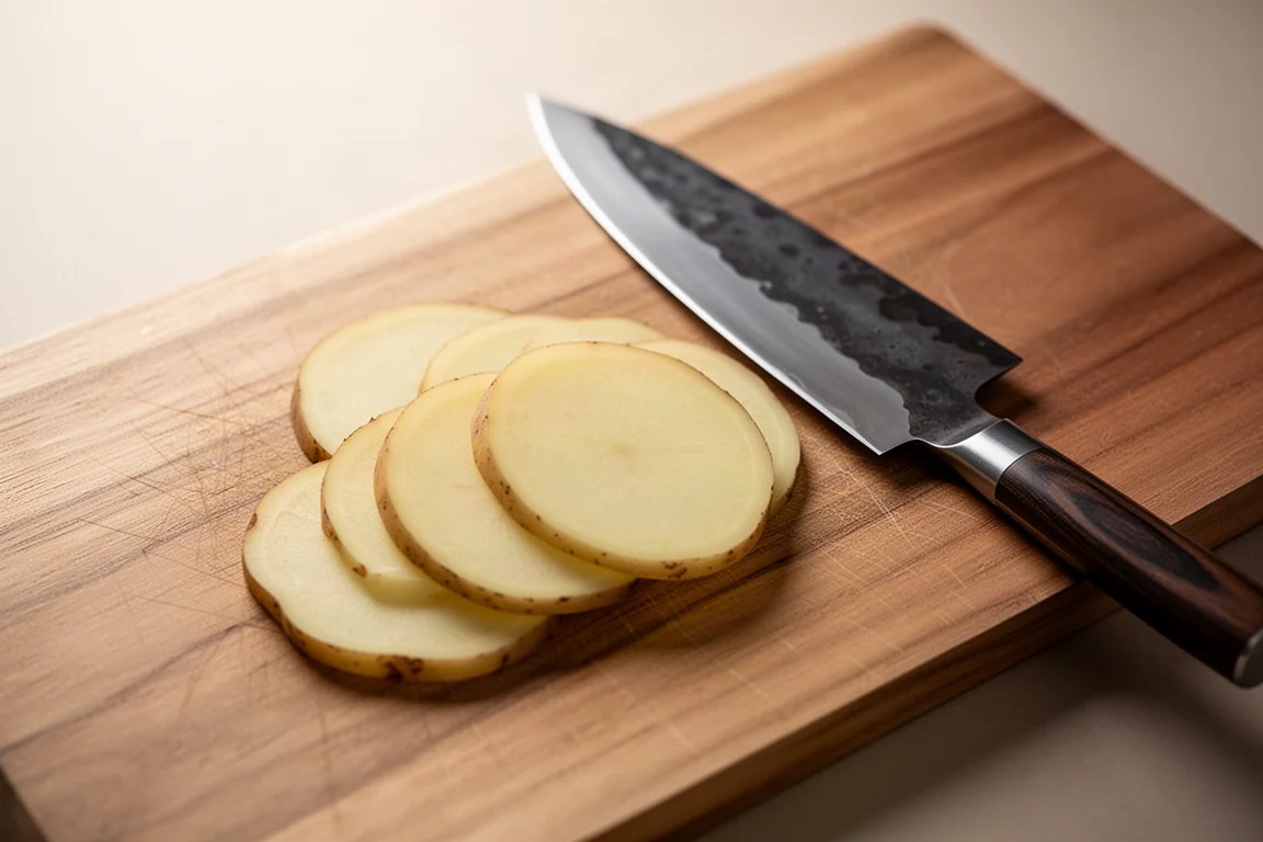 Potato slices falling away from a Japanese kitchen knife blade on a cutting board
