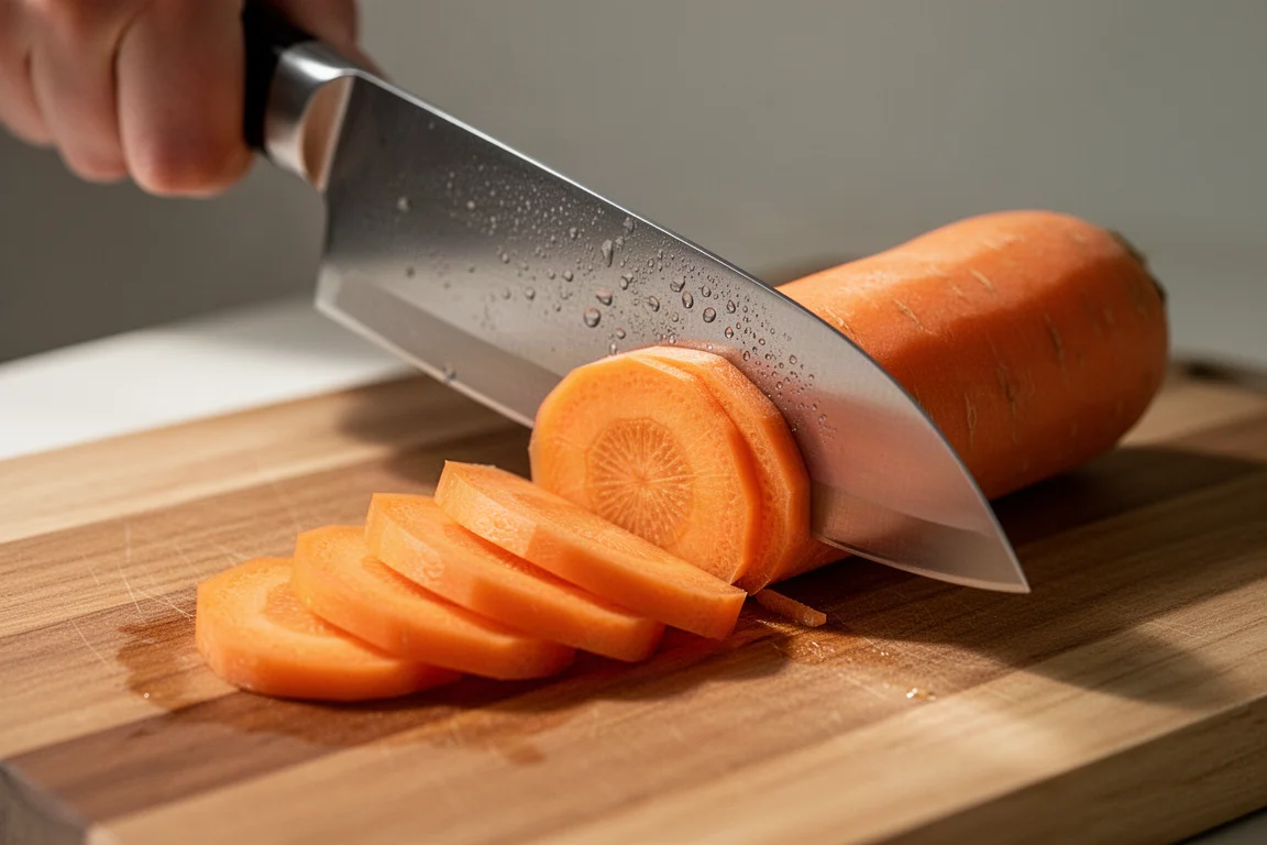 Carrot planks being cut on a wooden cutting board with a Japanese knife