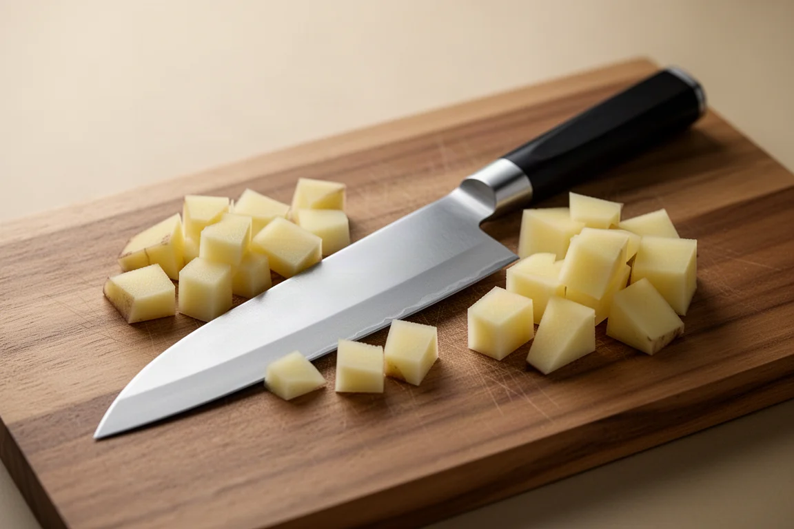 Polished Japanese bunka knife resting beside diced potato on a cutting board