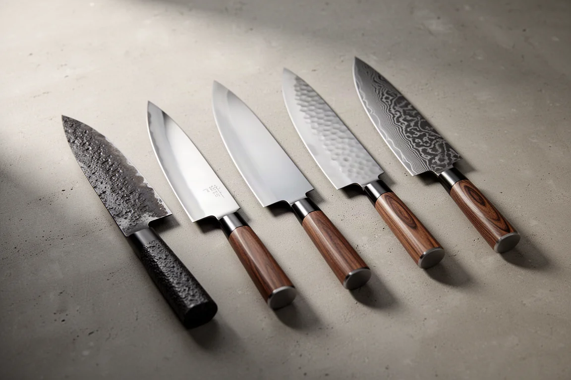 Five Japanese kitchen knives with different blade finishes arranged in a row