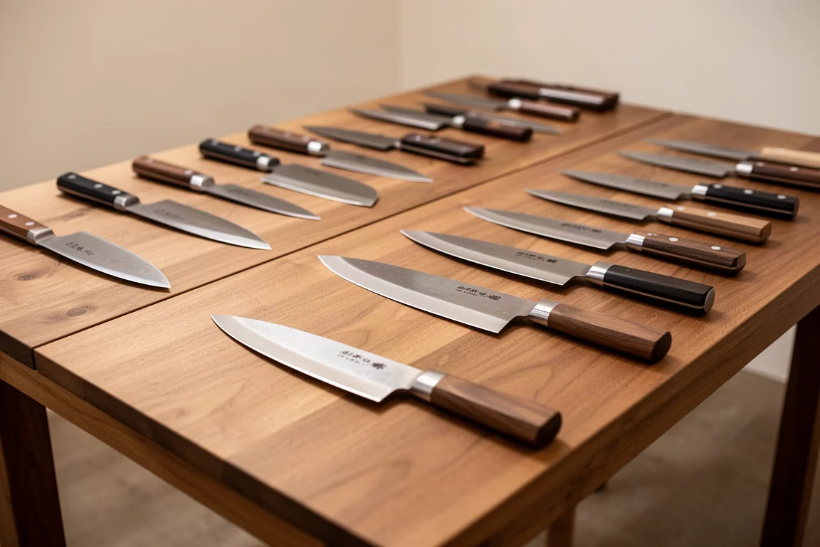 Tables covered in Japanese kitchen knives at a seasonal knife sale