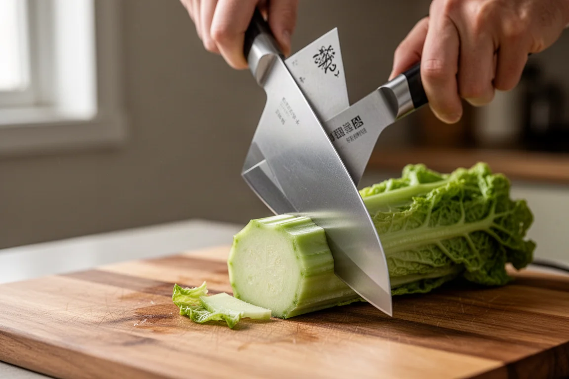 Tall nakiri knife mid-chop on a green vegetable on a cutting board