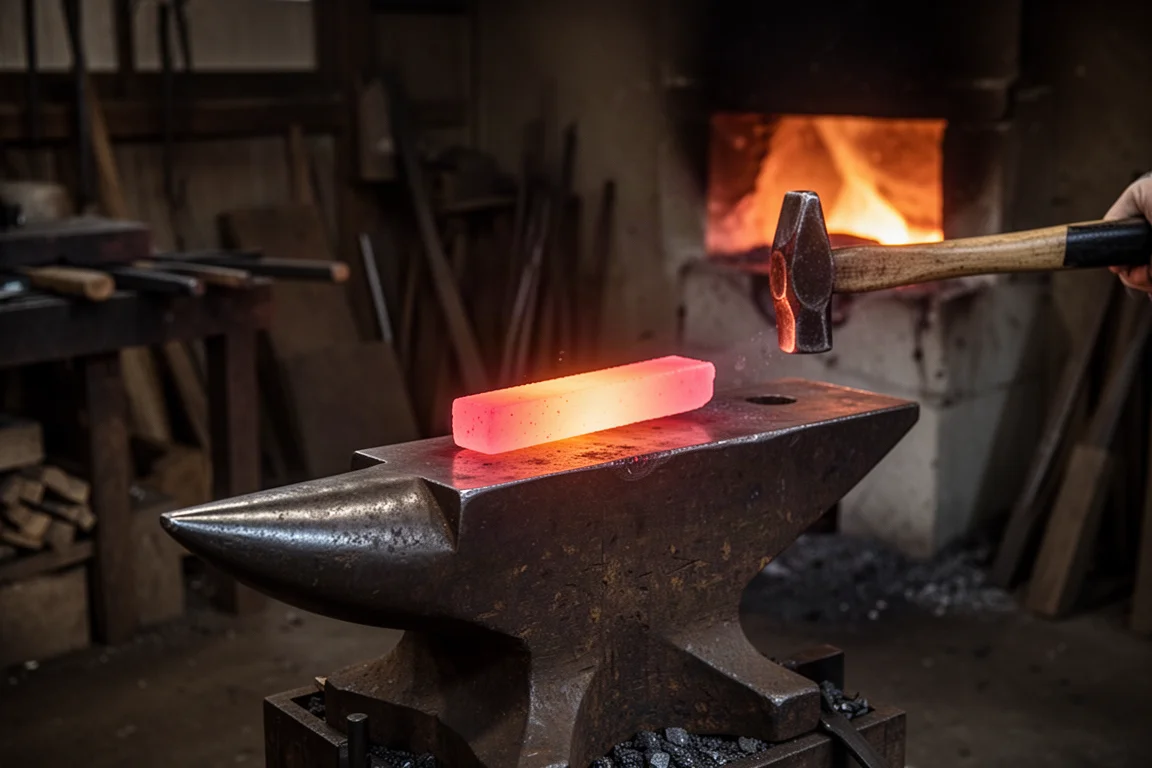 Blacksmith forging a blade with hammer and hot steel
