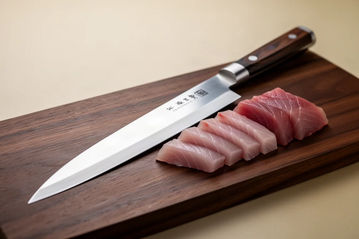 Long slender slicing knife resting beside sliced sashimi on a board