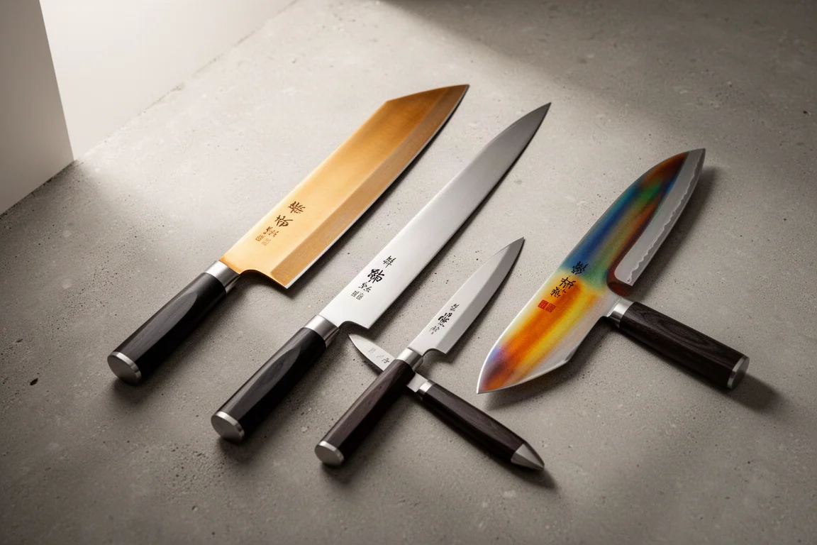 Curated arrangement of Japanese kitchen knives on a concrete surface