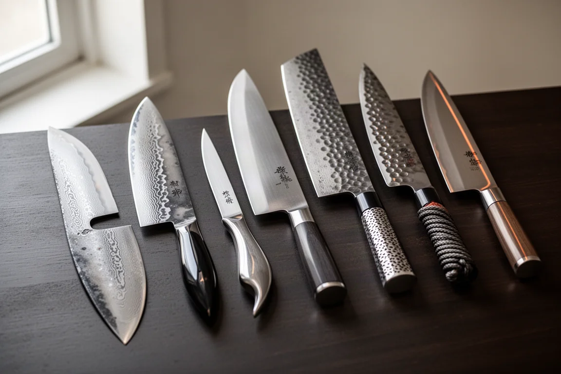 Collection of handmade Japanese kitchen knives with varied blade finishes on concrete