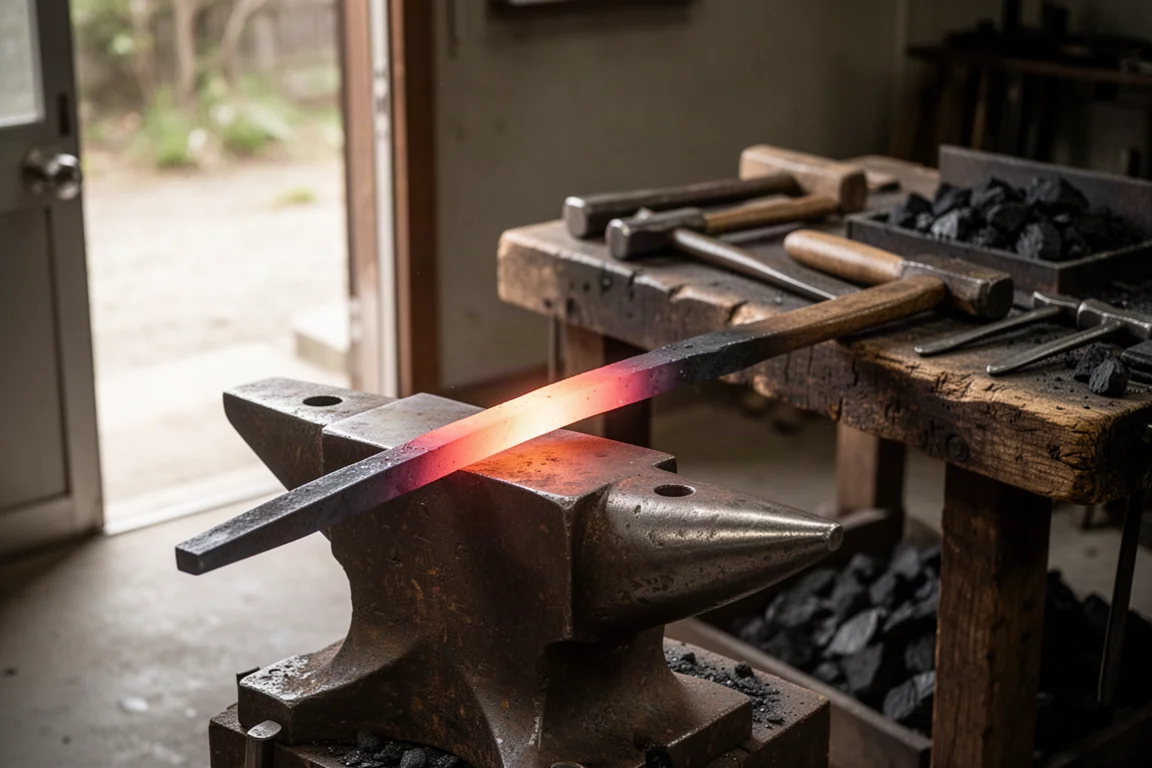 Forgeron japonais travaillant sur une enclume avec marteau et acier incandescent