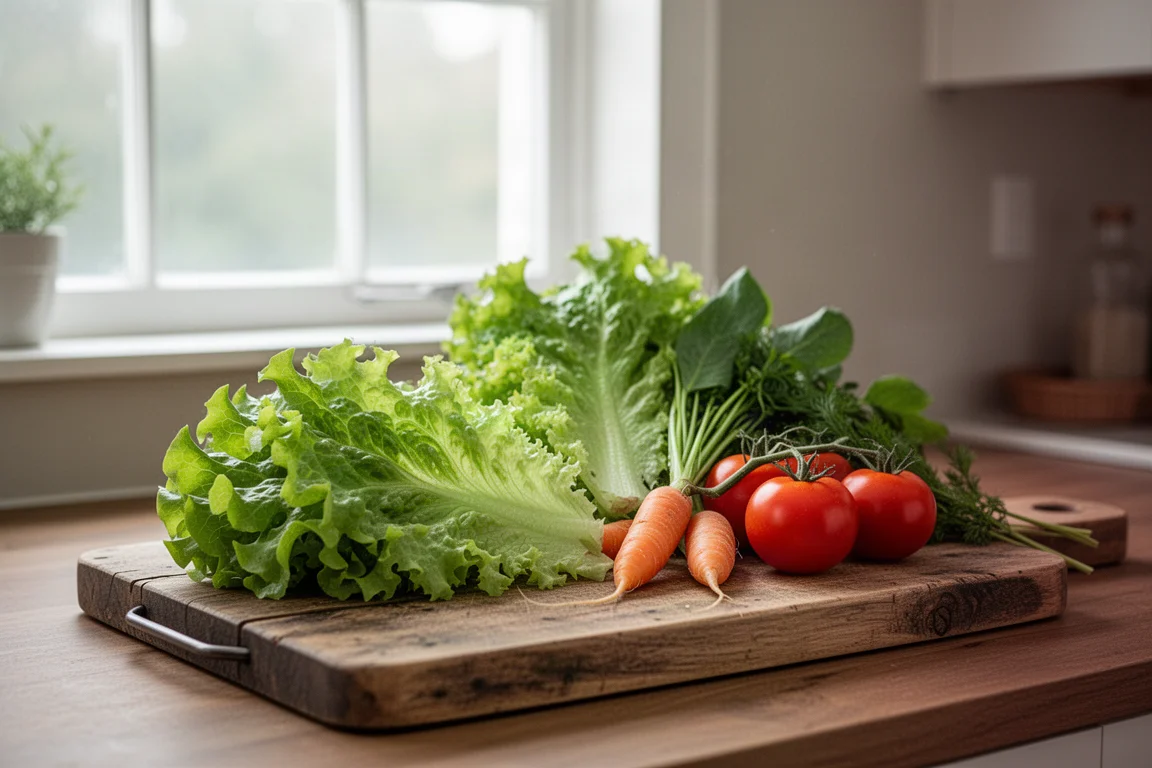 Légumes frais coupés sur une planche en bois dans une cuisine domestique