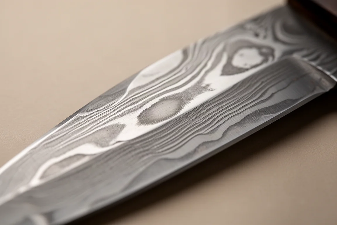 Gros plan sur le motif d'acier damas superposé sur le biseau d'une lame de couteau