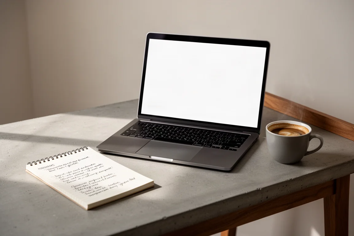 Ordinateur portable et bloc-notes sur un bureau pendant la préparation d'une vente en ligne