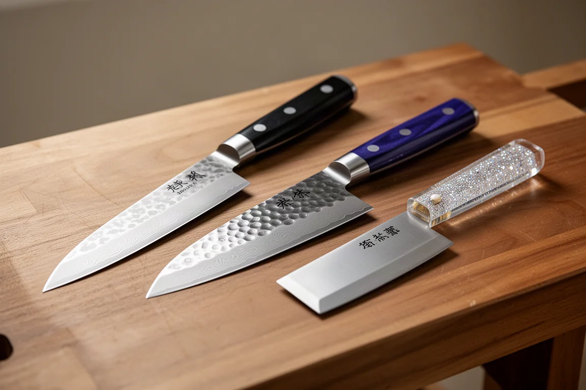 Collection of Japanese kitchen knives with damascus and hammered finishes on a wooden workbench
