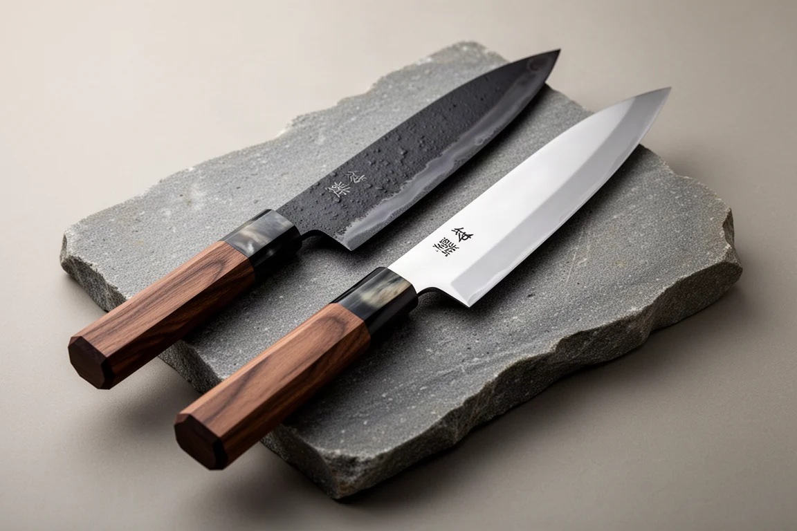 Zwei japanische Gyuto-Messer liegen nebeneinander auf einer Steinoberfläche