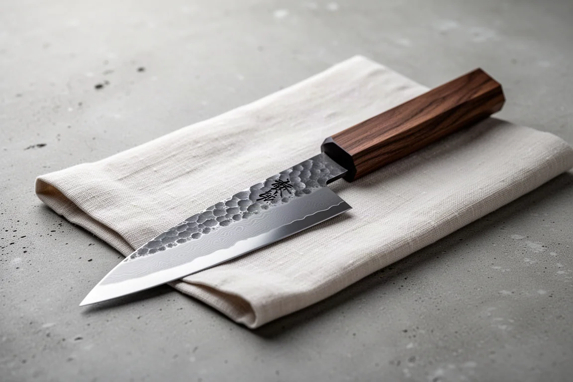 Ein Bunka-Messer mit markanter Spitze liegt auf einem Schneidebrett