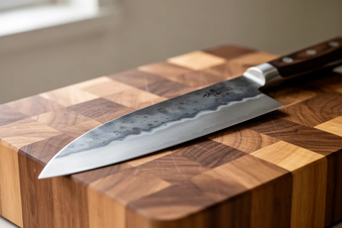 Patinated carbon steel knife blade resting on a wooden cutting board