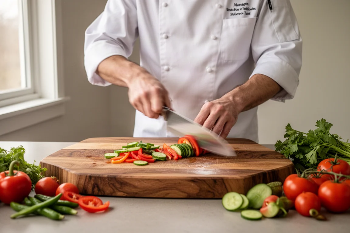 Chef slicing vegetables on a wooden board in a bright kitchen