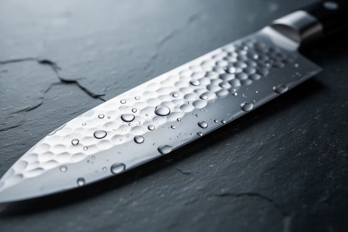 Close-up of hammered stainless steel knife blade texture