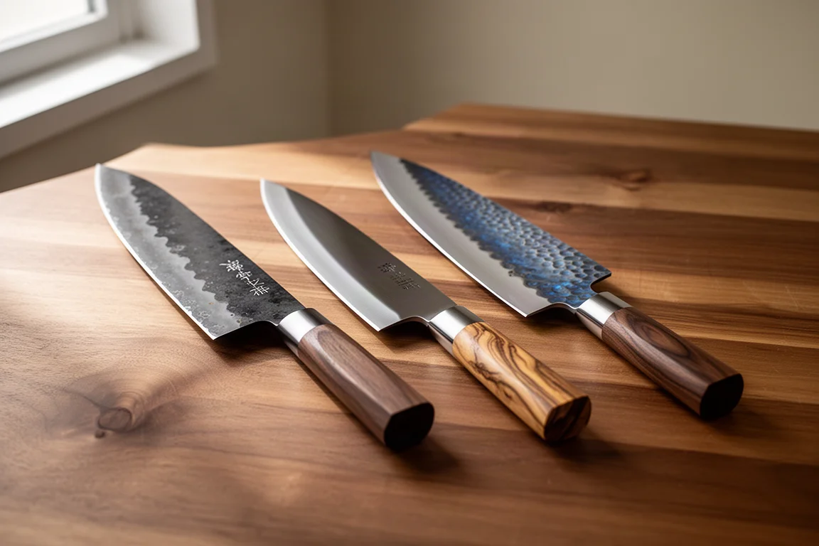 Collection of Japanese kitchen knives with wa handles arranged on a wooden worktop