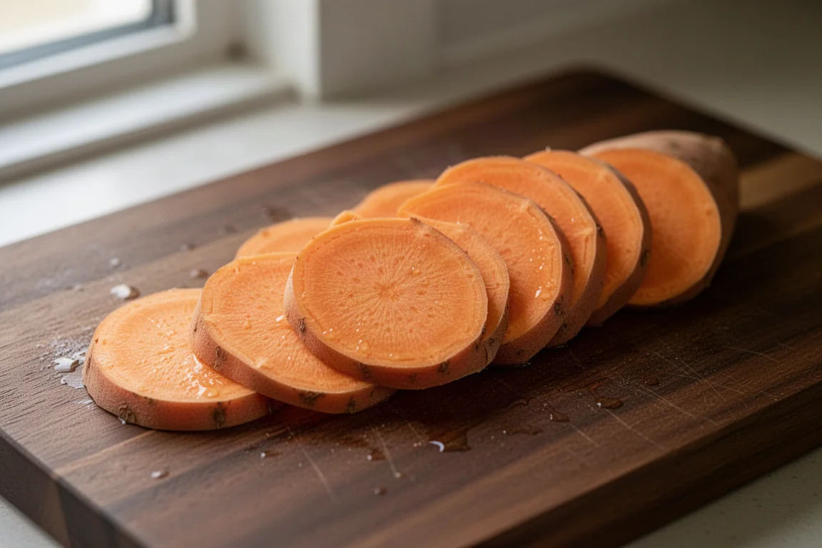 Thick slices of sweet potato on a wooden cutting board beside a knife