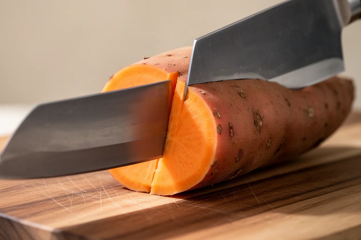 Cleaver blade edge pressing into a hard sweet potato on a board