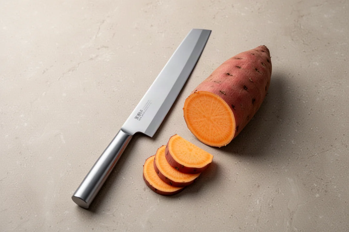Short nakiri-style knife resting beside a halved sweet potato