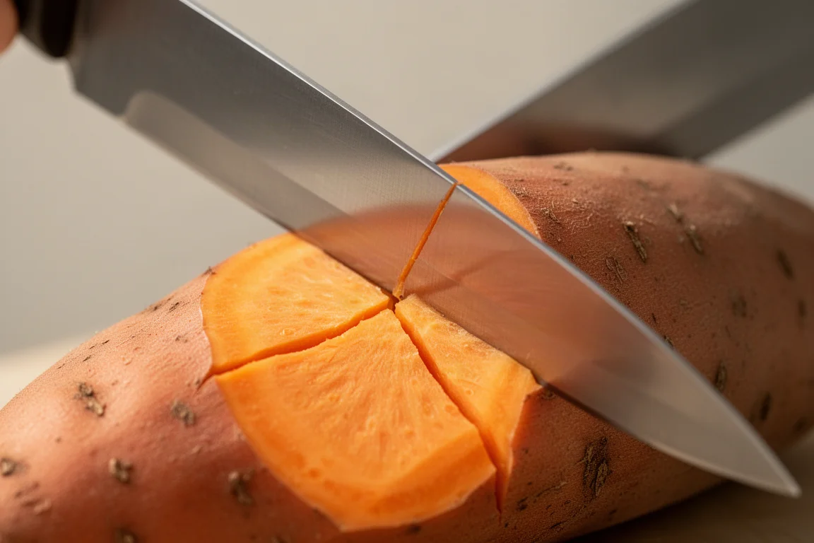 Long chef knife mid-cut through a dense sweet potato slice