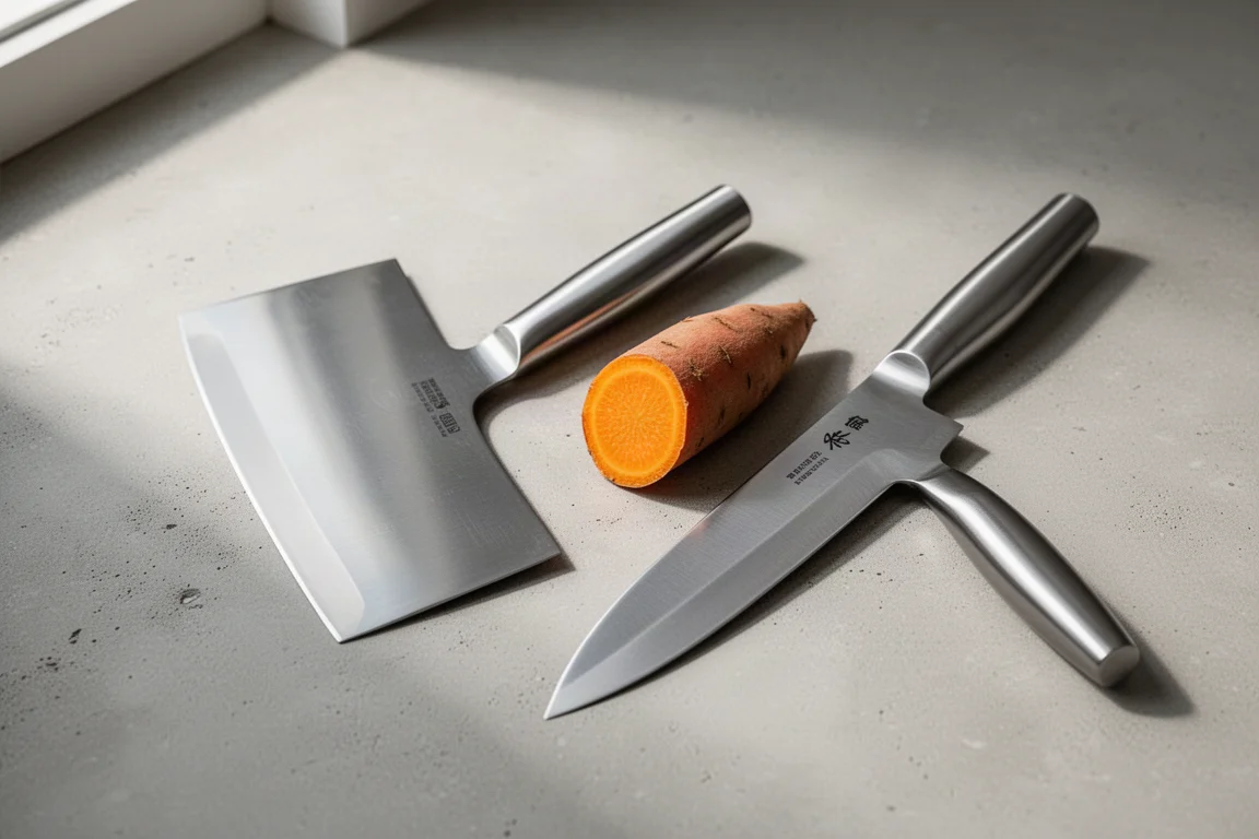 Chinese cleaver and Kiritsuke-style gyuto side by side with a slice of sweet potato