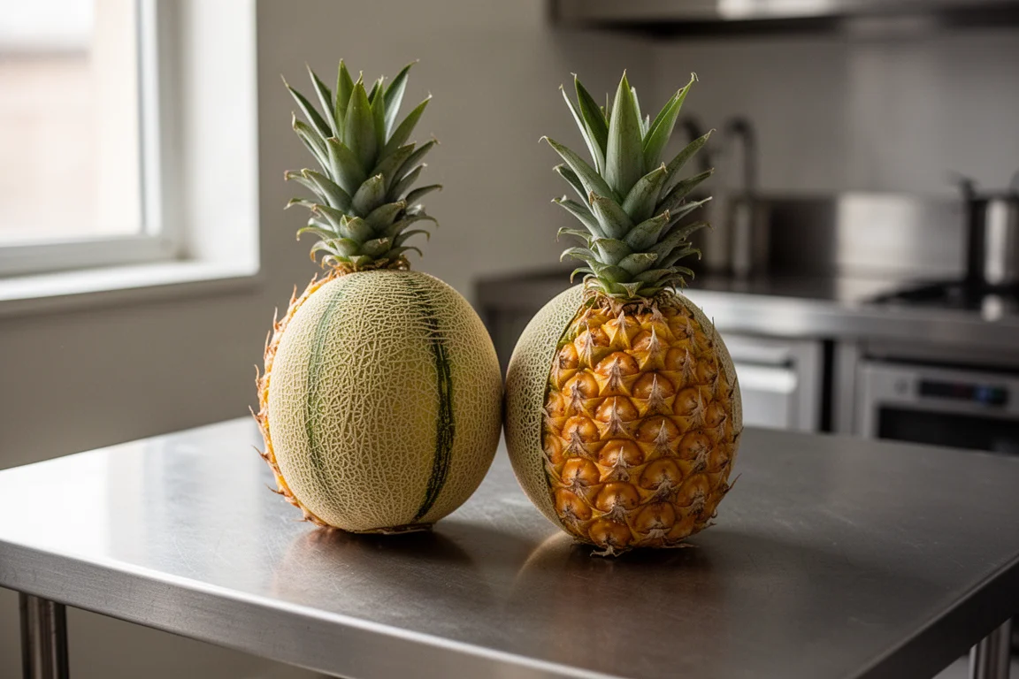 Ganze Ananas und Melone auf einem Edelstahl-Arbeitstisch in einer Profiküche