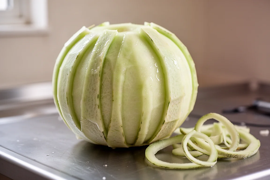 Frisch geschälte Melone in dicke Streifen geschnitten auf einem Schneidebrett