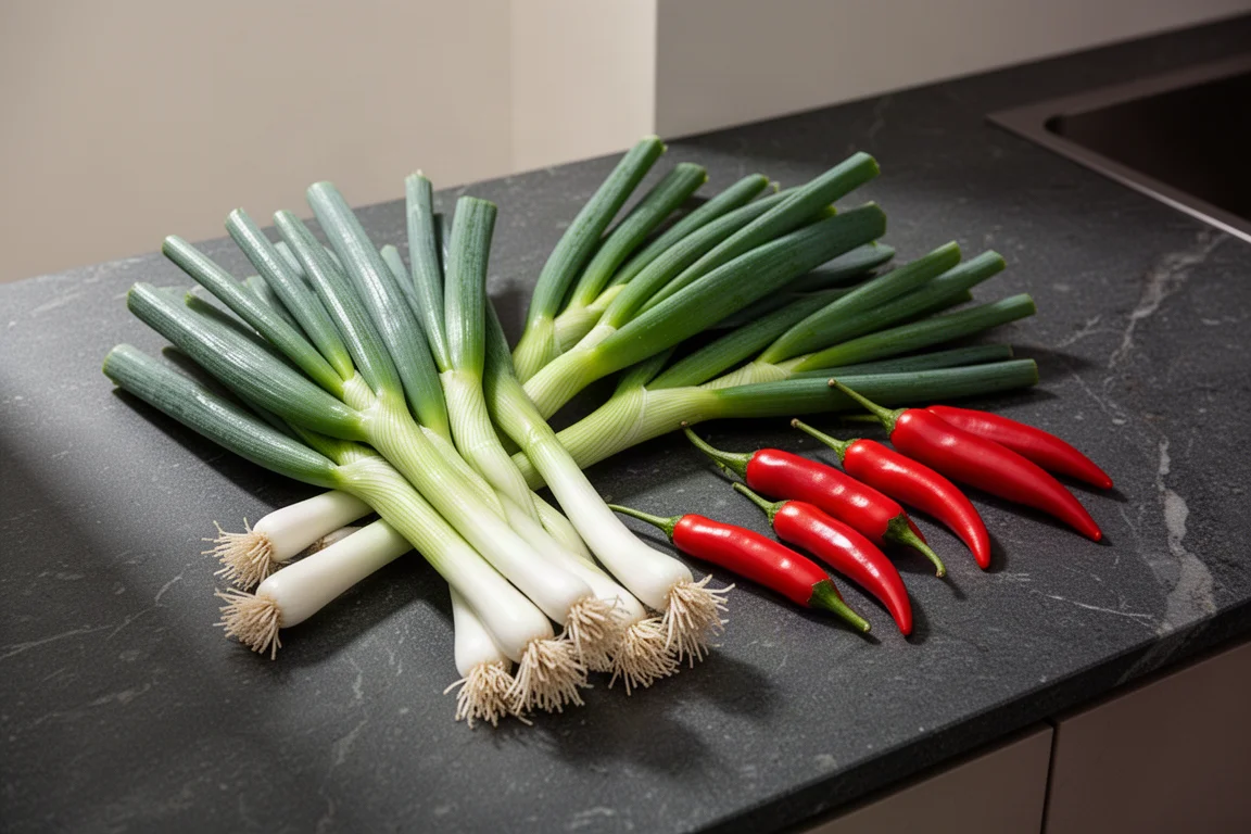 Bund Frühlingszwiebeln und Chilis auf einer Küchenarbeitsplatte