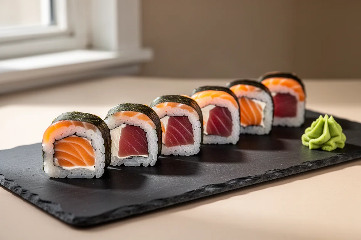 Fertige Maki-Rollen mit Lachs und Thunfisch auf einem Schiefer-Teller