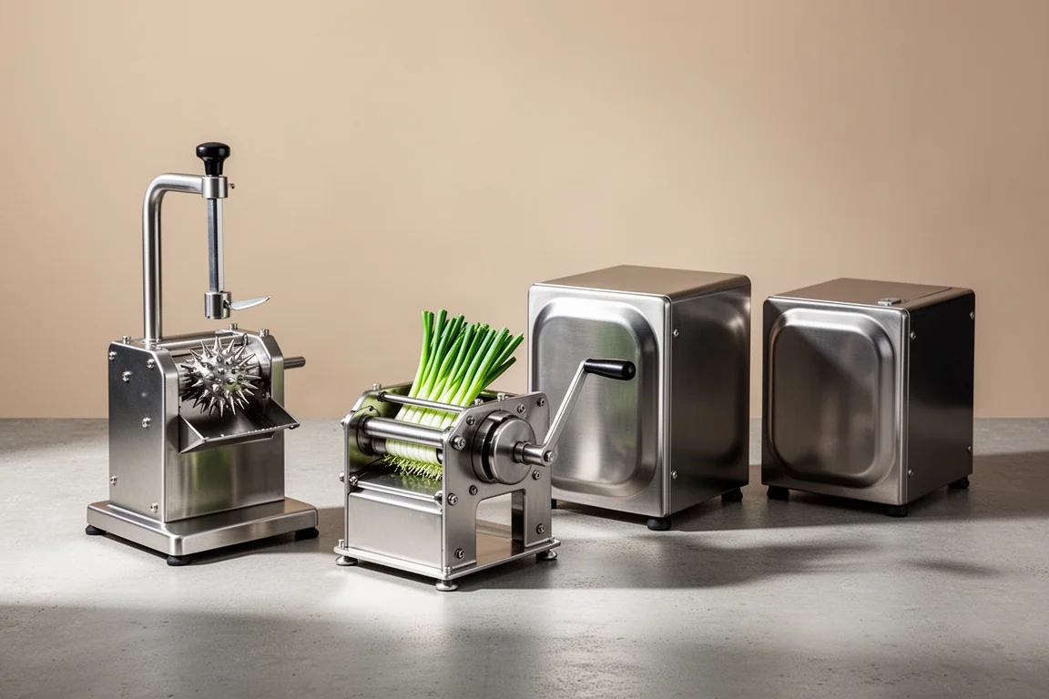 Four professional Japanese kitchen machines lined up on a concrete surface
