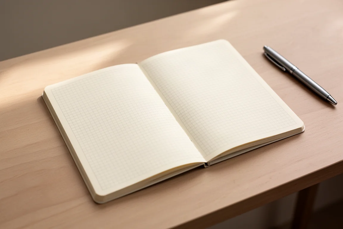 Quaderno A5 aperto su una scrivania in una diffusione completamente piatta a 180 gradi