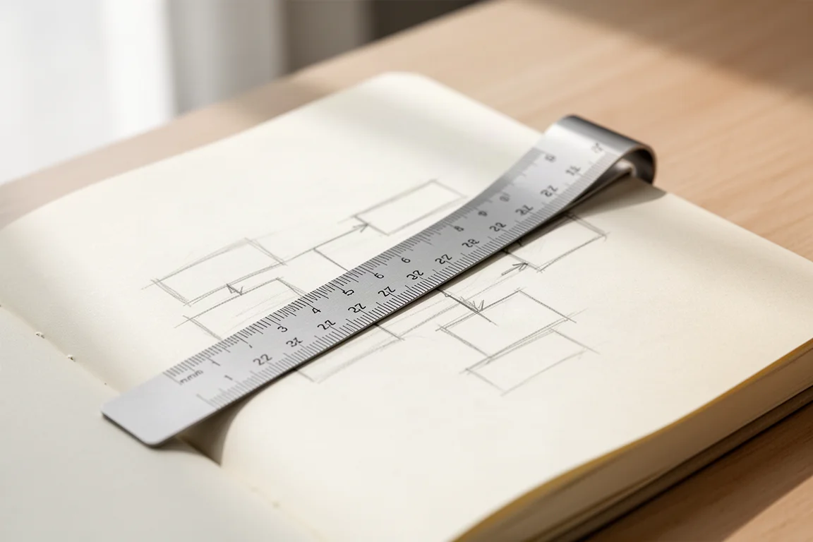 Righello segnalibro magnetico piegato su una pagina di quaderno accanto a uno schema disegnato
