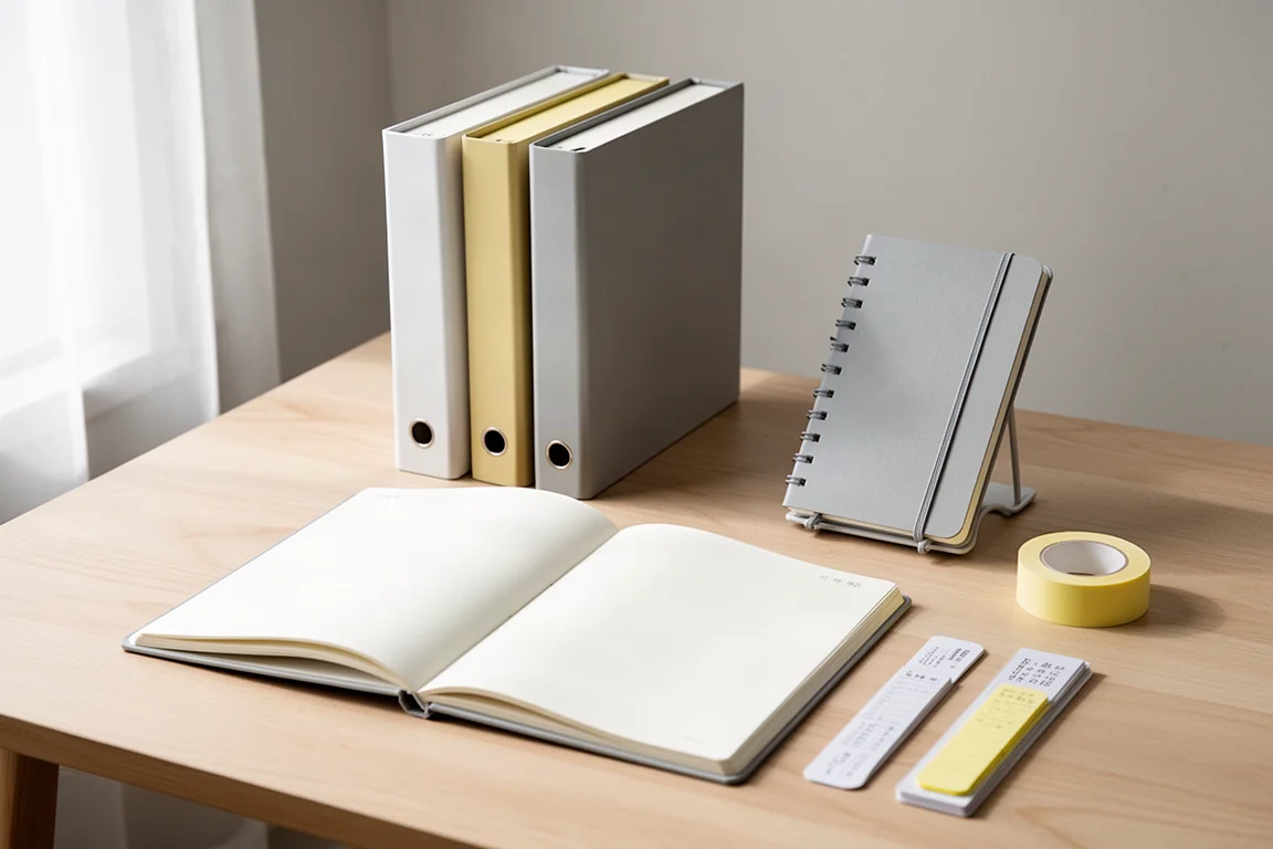 Japanese binders, notebooks, and stationery accessories arranged on a light wooden desk
