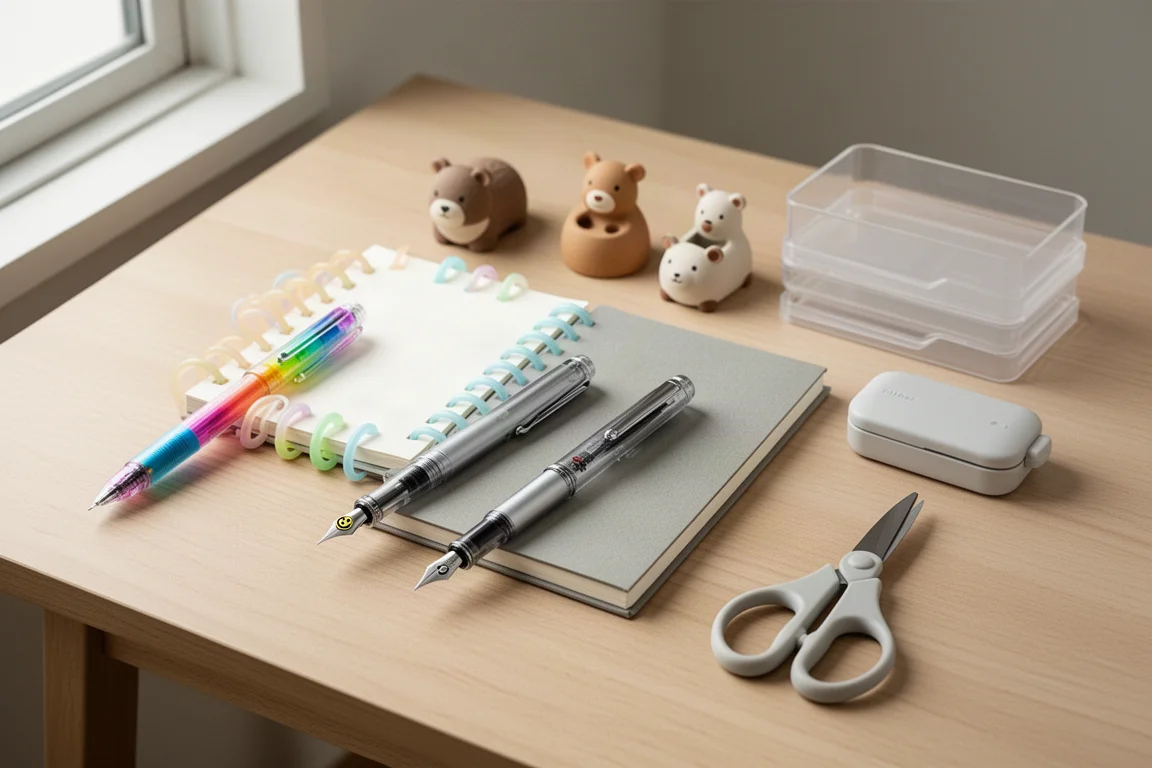 Japanese stationery items arranged on a wooden desk including pens, notebooks, organizers, and scissors
